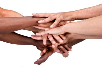 pile of hands isolated on white, Caucasian, African American, Hispanic race.